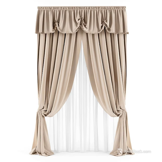 Beige Curtains Ruffled Top Sheer Panels Tied Back For Elegant Decor 3d model 