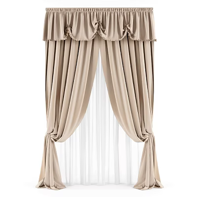 Beige Curtains Ruffled Top Sheer Panels Tied Back For Elegant Decor 3d model