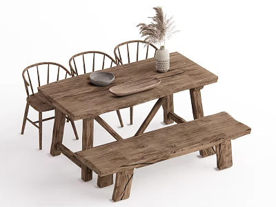 Rustic Wooden Dining Table Set With Chairs Bench Decorative Vase Plate And Tray 3d model