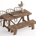Rustic Wooden Dining Table Set With Chairs Bench Decorative Vase Plate And Tray