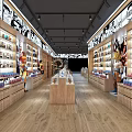 Modern Shopping Mall Store With Wooden Shelves Skincare Displays And Black Ceiling Lights