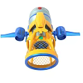 Toy Vehicle With Yellow Top Net Cage Blue Propellers And Silver Circular Front