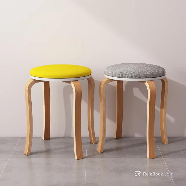 Two Modern Stools With Yellow And Gray Cushions And Wooden Curved Legs 3d model 