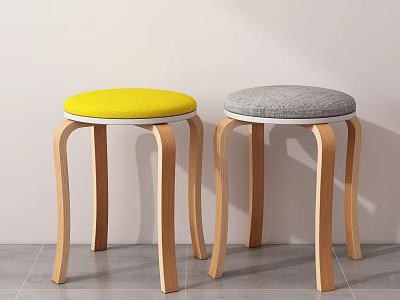 Two Modern Stools With Yellow And Gray Cushions And Wooden Curved Legs 3d model