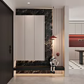 Modern Entryway Hallway With Black Door Marble Wall White Cabinets And Red Pendant Light