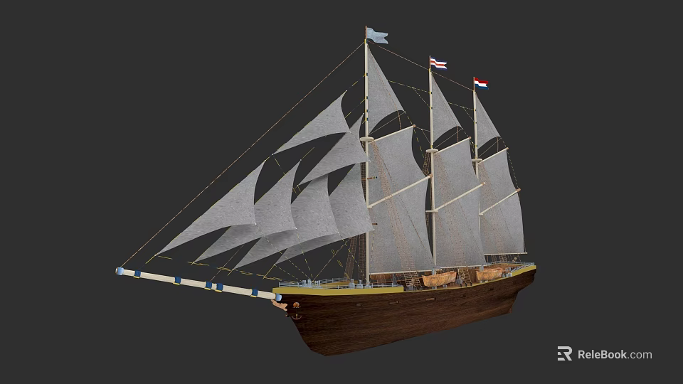 Vintage Sailing Ship with White Sails Wooden Hull and Multiple Masts 3d model 