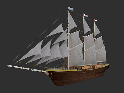 Vintage Sailing Ship with White Sails Wooden Hull and Multiple Masts 3d model