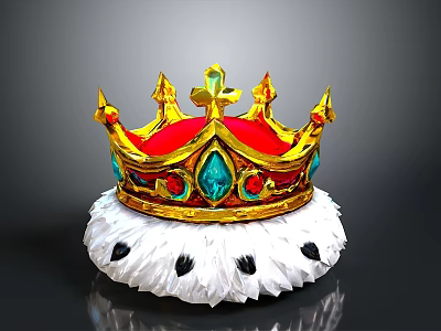 Golden Crown With Red Lining Blue Red Gemstones Cross Top Spikes Feather Base Black Accents 3d model