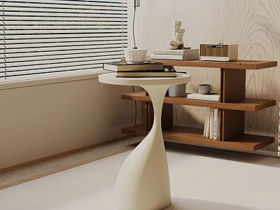 Modern White Base Side Table With Wooden Top Books And Wooden Shelf Near Window Blinds 3d model