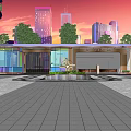 Modern Entrance Gate With Glass Structure Surrounded By Green Trees And Urban Skyline At Sunset