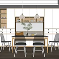 Modern Dining Table Set With Four Chairs Pendant Lights And Cabinets 3d model