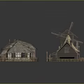 Traditional Village Building Models Showcase Various Roof Designs And Windmill Structure