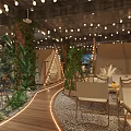 Tent Themed Restaurant Interior With Green Plants String Lights And City Sunset View