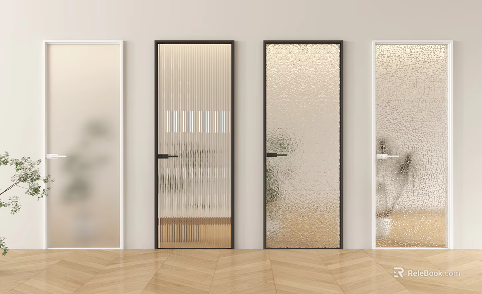 Modern Interior Swing Doors With Various Glass Designs And Black White Frames 3d model