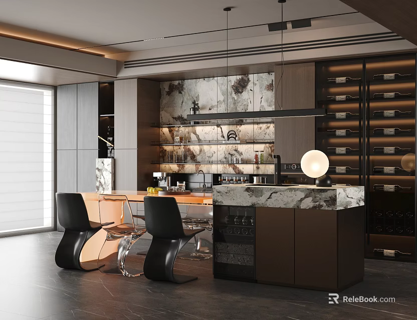 Modern Restaurant Interior With Open Kitchen Marble Countertop Wine Rack Dining Table And Hanging Lights 3d model 