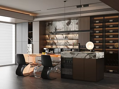 Modern Restaurant Interior With Open Kitchen Marble Countertop Wine Rack Dining Table And Hanging Lights 3d model