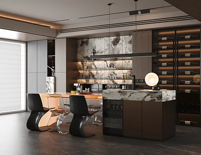 Modern Restaurant Interior With Open Kitchen Marble Countertop Wine Rack Dining Table And Hanging Lights 3d model