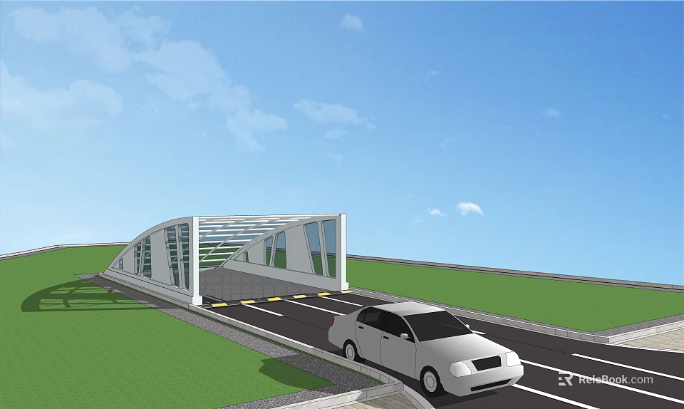 Modern Bridge Design With Car Passing Under Green Grass And Blue Sky 3d model 