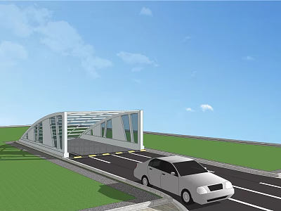 Modern Bridge Design With Car Passing Under Green Grass And Blue Sky 3d model