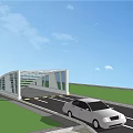 Modern Bridge Design With Car Passing Under Green Grass And Blue Sky