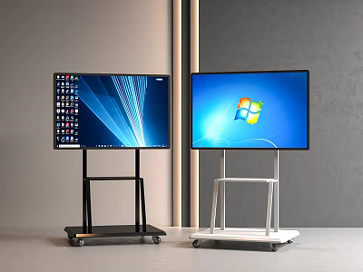Public Facility With Two Display Monitors On Black And White Stands 3d model