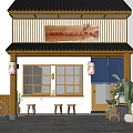 Japanese-style Storefront with Wooden Structure Traditional Roof Lanterns Outdoor Stools Bicycle Plants and Night Lighting
