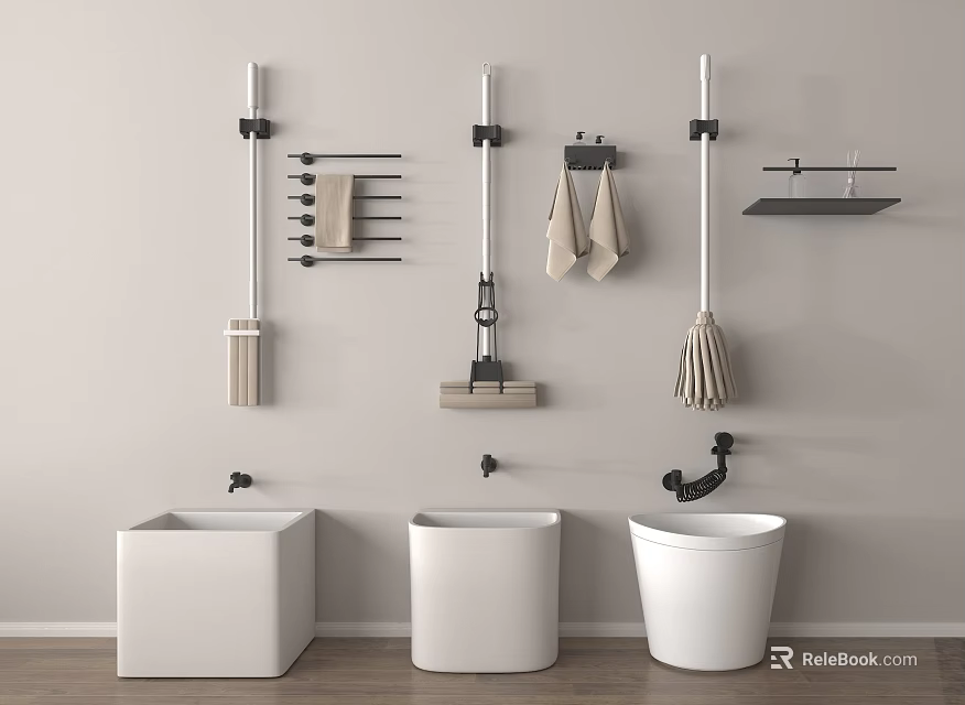 Bathroom Interior With Three White Toilets And Wall Mounted Cleaning Tools Towel Rack Shelf Supplies 3d model 