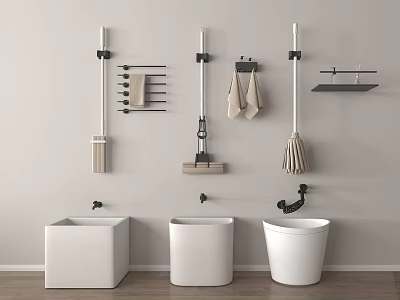 Bathroom Interior With Three White Toilets And Wall Mounted Cleaning Tools Towel Rack Shelf Supplies 3d model