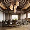 Elegant New Chinese Style Private Dining Booth With Natural Wood Structure And Soft Ambient Lighting