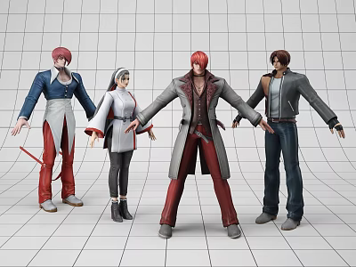 Game and Movie Character Action Figures with Various Outfits Standing in Grid Studio 3d model