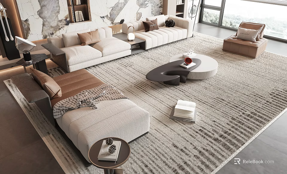 Modern Sectional Sofa And Round Coffee Table Set With Pillows And Rug In Living Room 3d model 