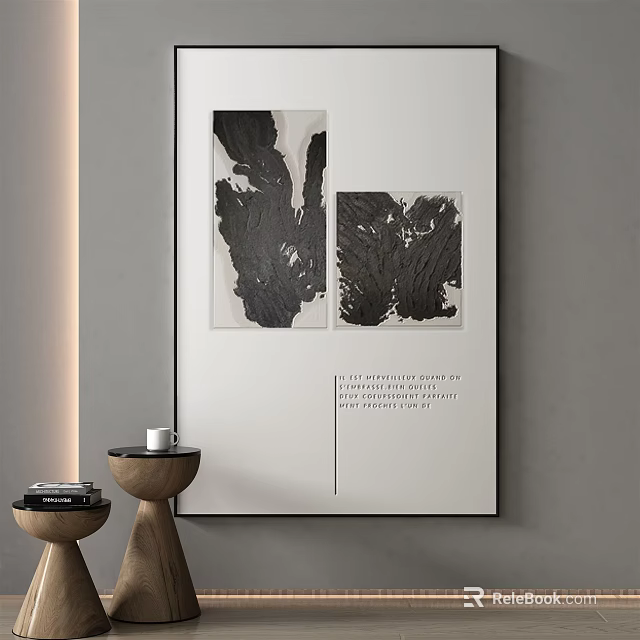 Abstract Black And White Wall Art With Wooden Side Tables And Books 3d model 