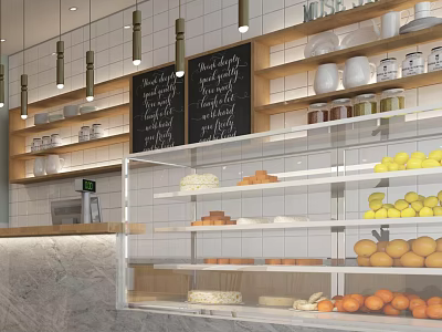 Milk Tea Shop Interior With Glass Display And Pendant Lights 3d model