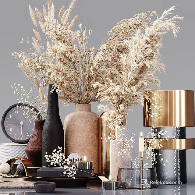 Modern Decorative Ornament Set With Dried Pampas Grass Ceramic Vases Round Clock And Golden Accents 3d model 