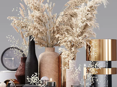 Modern Decorative Ornament Set With Dried Pampas Grass Ceramic Vases Round Clock And Golden Accents 3d model