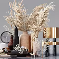 Modern Decorative Ornament Set With Dried Pampas Grass Ceramic Vases Round Clock And Golden Accents