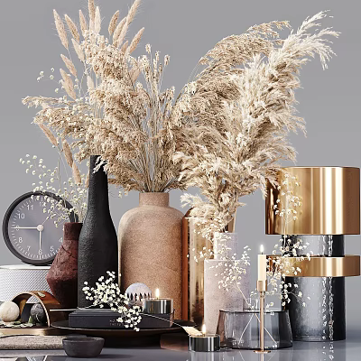 Modern Decorative Ornament Set With Dried Pampas Grass Ceramic Vases Round Clock And Golden Accents 3d model