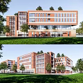 Red Brick Multi Story School Building with Large Windows Trees Lawn and Open Space 3d model