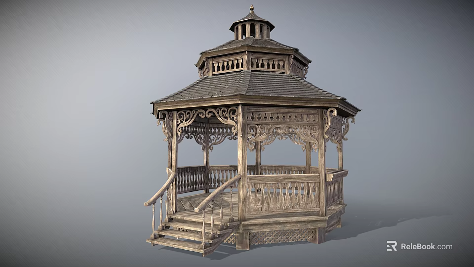 Traditional Wooden Gazebo With Intricate Carved Railings Staircase And Multi Tiered Roof Design 3d model 