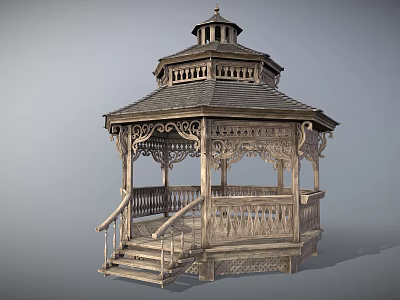 Traditional Wooden Gazebo With Intricate Carved Railings Staircase And Multi Tiered Roof Design 3d model