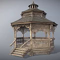 Traditional Wooden Gazebo With Intricate Carved Railings Staircase And Multi Tiered Roof Design