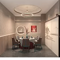 Elegant Private Dining Room With Round Table Large Windows Overlooking Misty Mountain View And Curtains 3d model