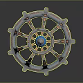 Futuristic Circular Mechanical Device With Metallic Arms Blue Core And Orange Accents