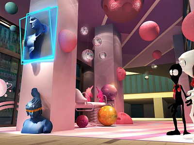 Vibrant Indoor Decorative Scene With Blue Sculpture Pink Columns Black Figure And Colorful Spheres 3d model