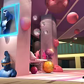 Vibrant Indoor Decorative Scene With Blue Sculpture Pink Columns Black Figure And Colorful Spheres