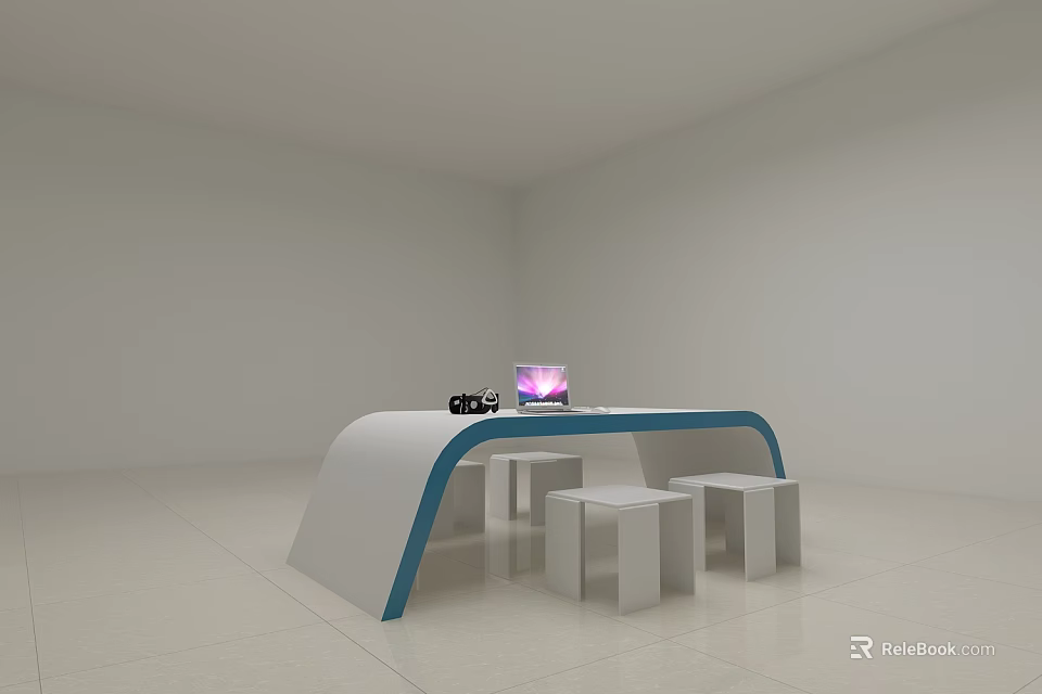 Modern White Table With Blue Curved Edge And Matching Stools Featuring Laptop 3d model
