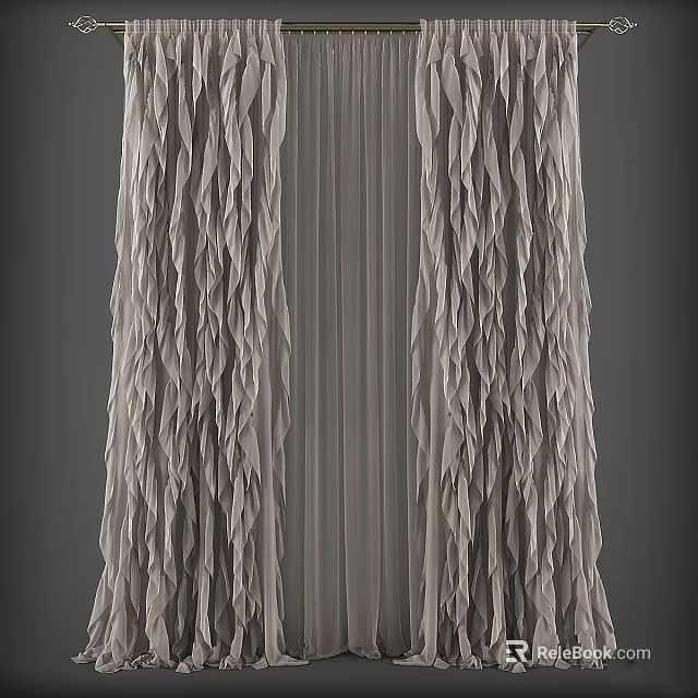 Soft Gray Pleated Curtain With Textured Ruffled Design For Modern Room 3d model 