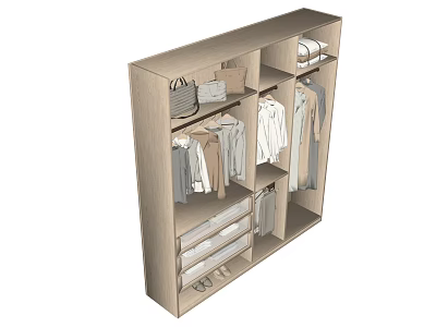 Modern Wooden Wardrobe Interior With Hanging Clothes Drawers And Folded Garments 3d model