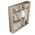 Modern Wooden Wardrobe Interior With Hanging Clothes Drawers And Folded Garments