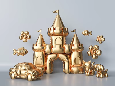 Golden Inflatable Castle with Decorative Flowers Fish Car and Animal Shapes 3d model
